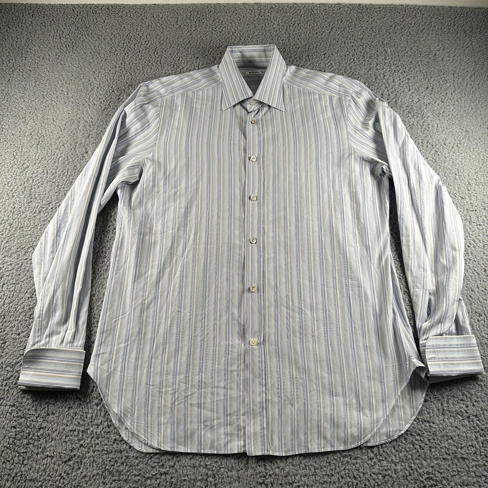 Kiton Shirt Mens 17 Blue 100% Cotton Striped Dress Spread Collar Made Italy